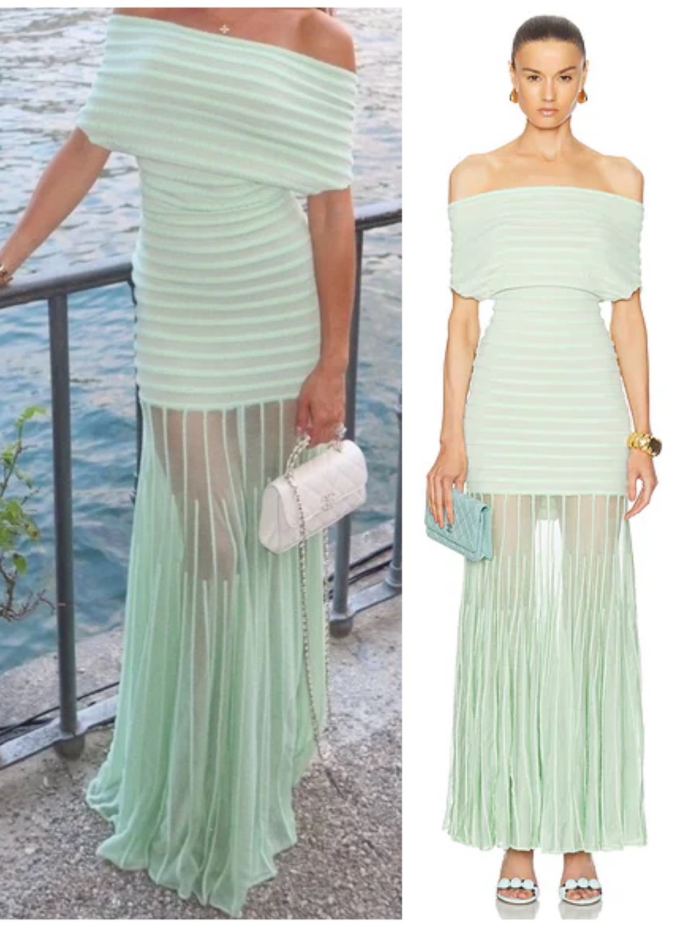 Alexis Marce Off the Shoulder Knit Mint Green Striped Maxi Dress Size Small